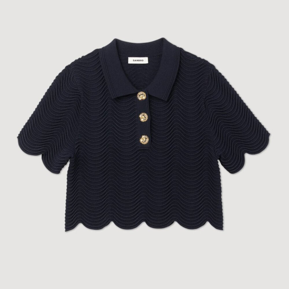 Sandro Campea Wavy Knit Cropped Polo Sweater NWT